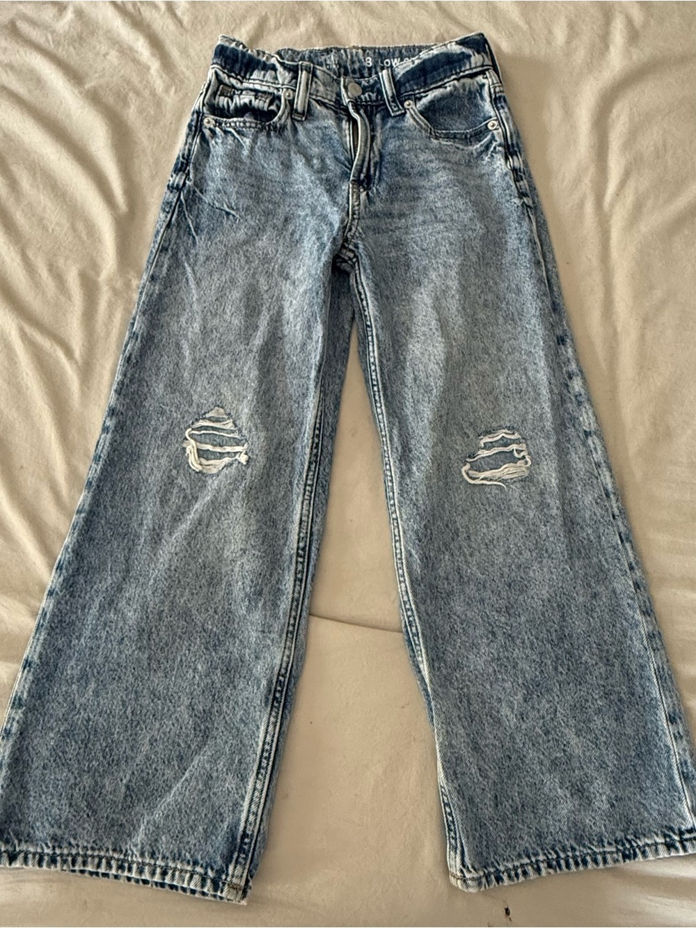 Gap Kids Low Stride Wide Leg Distressed Jeansโ Girls Size 8 Light Wash Denim